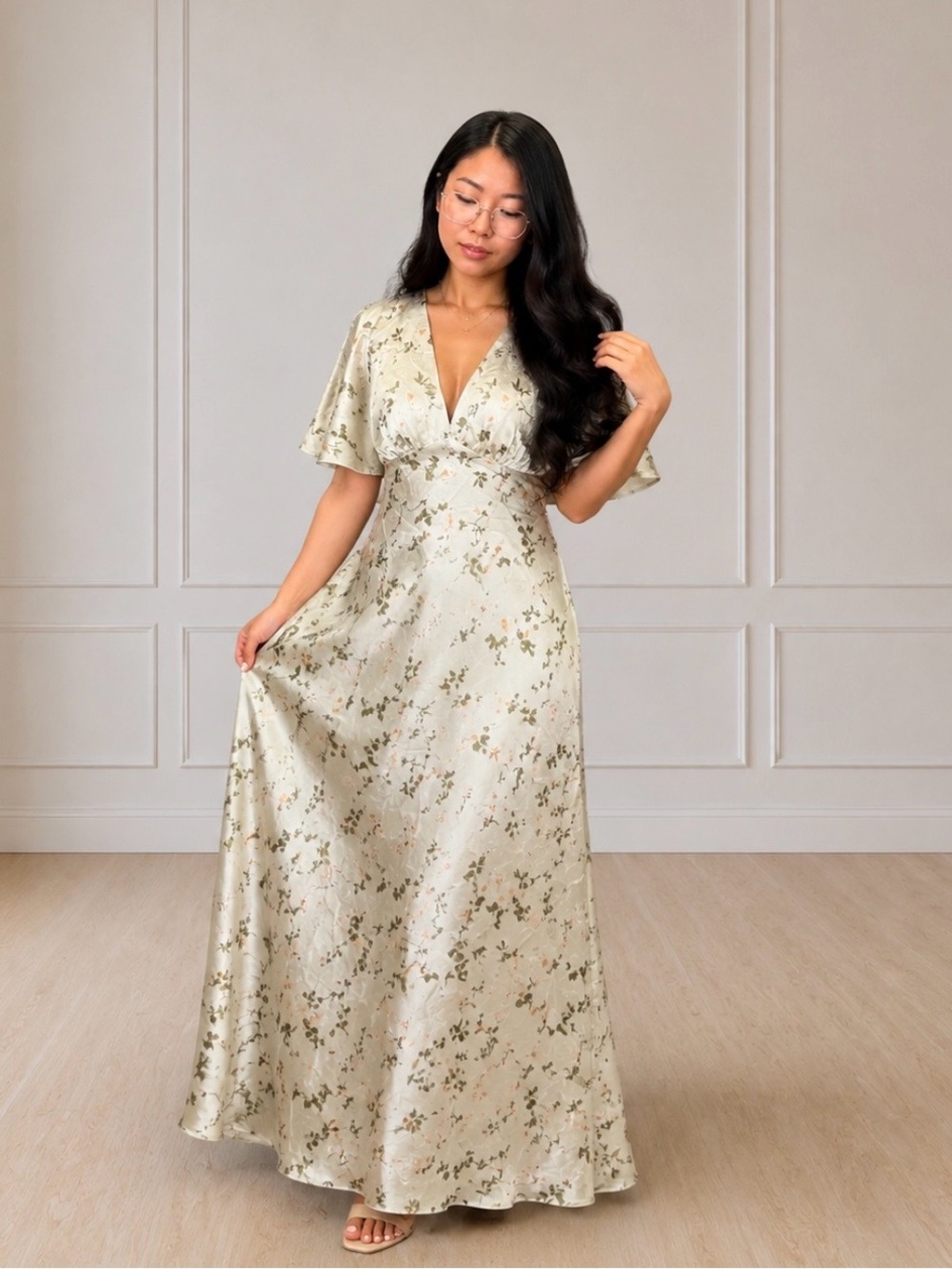 Ivory Floral Wrap Maxi Dress color as described on